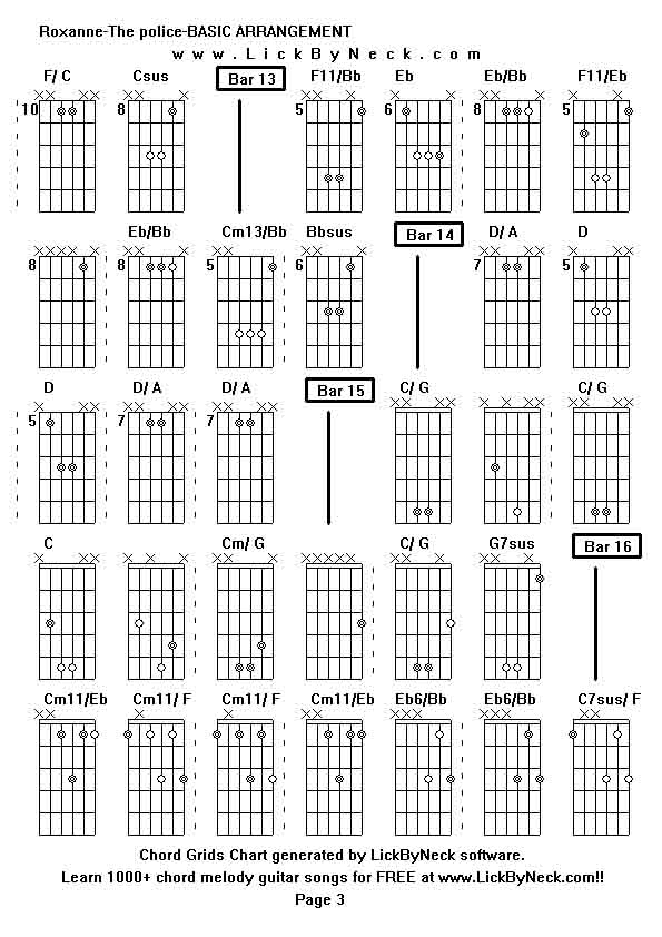 Chord Grids Chart of chord melody fingerstyle guitar song-Roxanne-The police-BASIC ARRANGEMENT,generated by LickByNeck software.